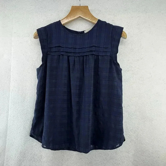 Loft Women’s Navy Plaid Texture Pleated Yoke Ruffle Sleeve Tank Top‎ Size Medium - Picture 3 of 9